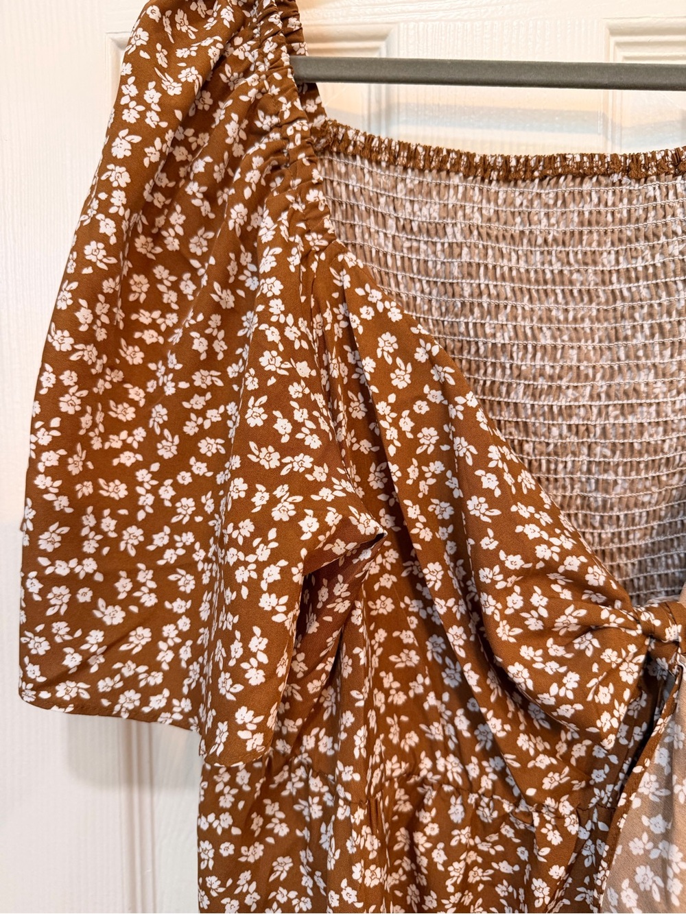Rust Brown Floral Smocked Waist Dress